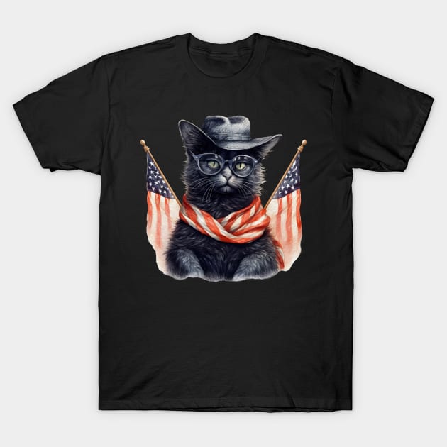 Patriotic Black Cat, 4th of July Design T-Shirt by PaperMoonGifts